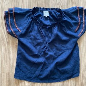 Misa Navy Flutter Sleeve Top w/ Embroidery